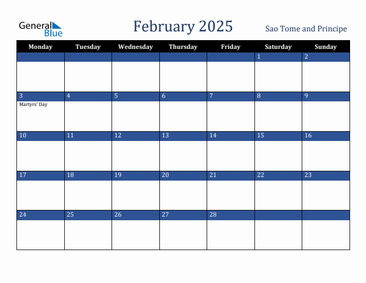 February 2025 Sao Tome and Principe Calendar (Monday Start)