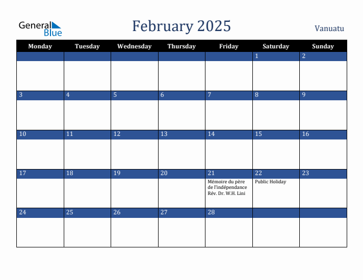 February 2025 Vanuatu Calendar (Monday Start)
