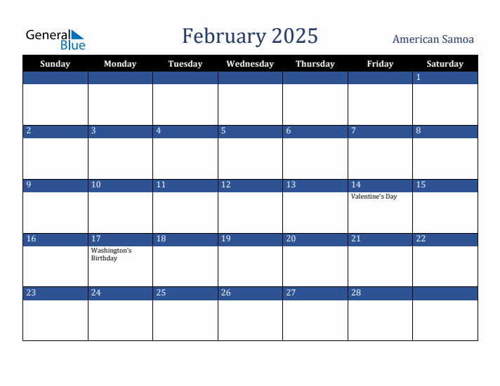February 2025 American Samoa Calendar (Sunday Start)