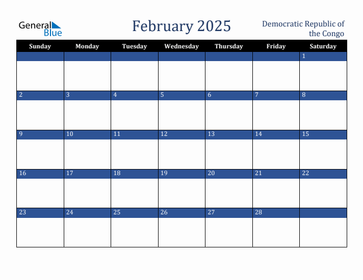 February 2025 Democratic Republic of the Congo Calendar (Sunday Start)