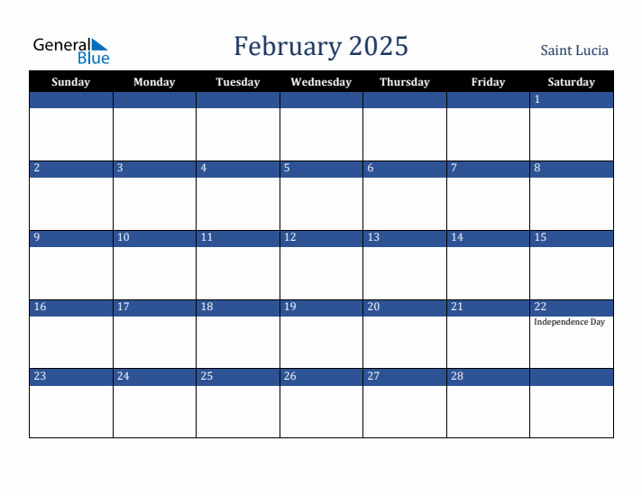 February 2025 Saint Lucia Calendar (Sunday Start)
