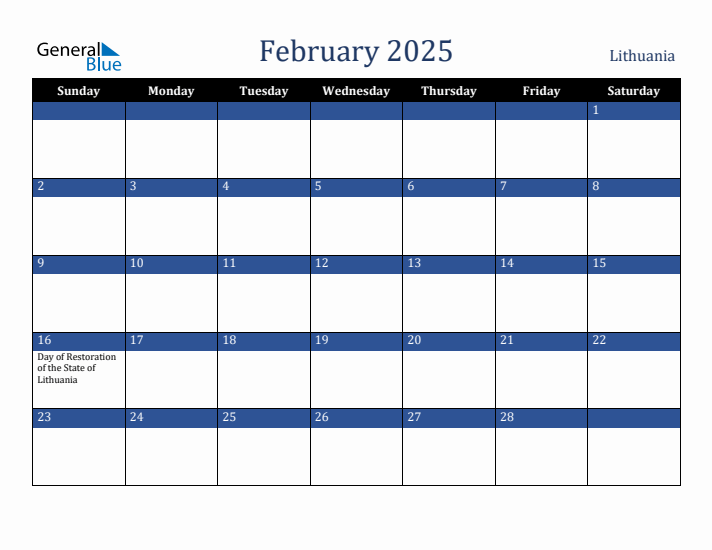 February 2025 Lithuania Calendar (Sunday Start)