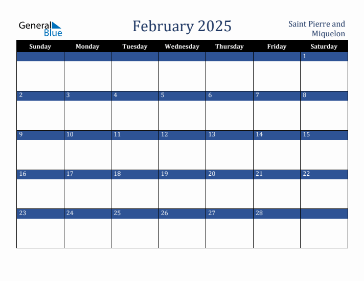 February 2025 Saint Pierre and Miquelon Calendar (Sunday Start)
