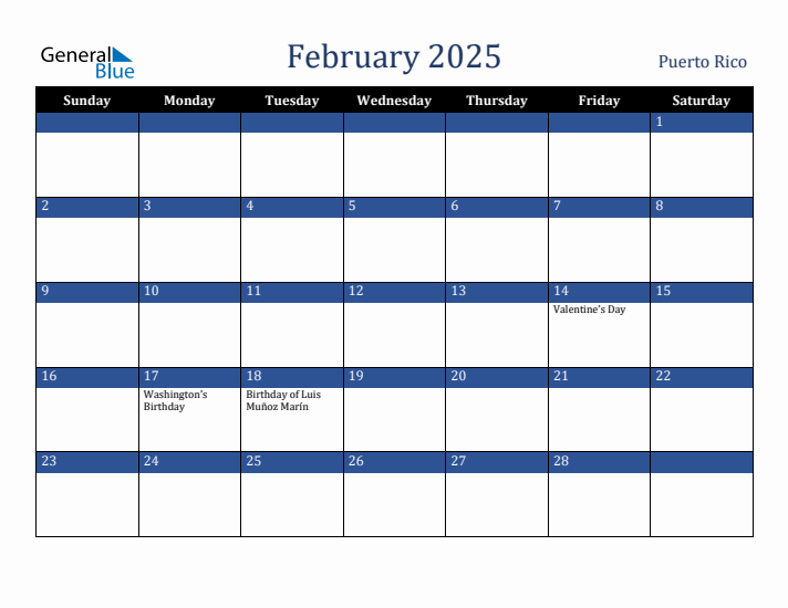 February 2025 Puerto Rico Calendar (Sunday Start)
