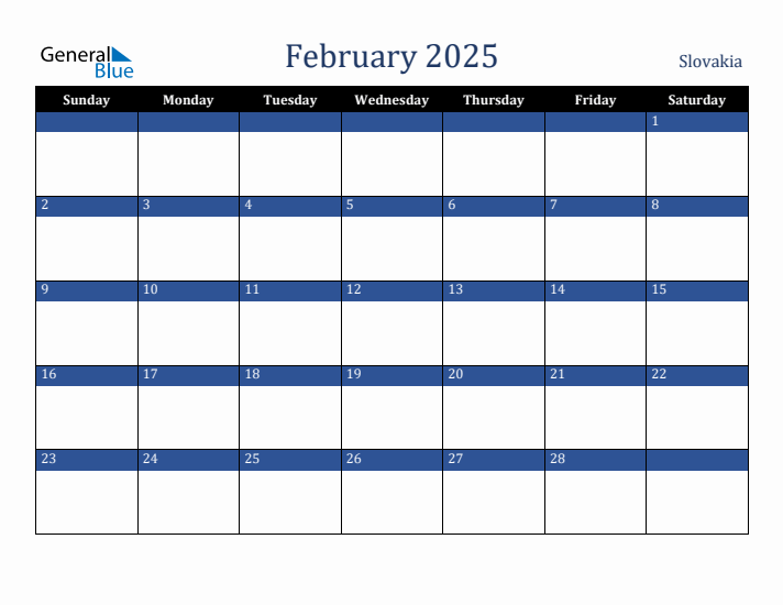 February 2025 Slovakia Calendar (Sunday Start)