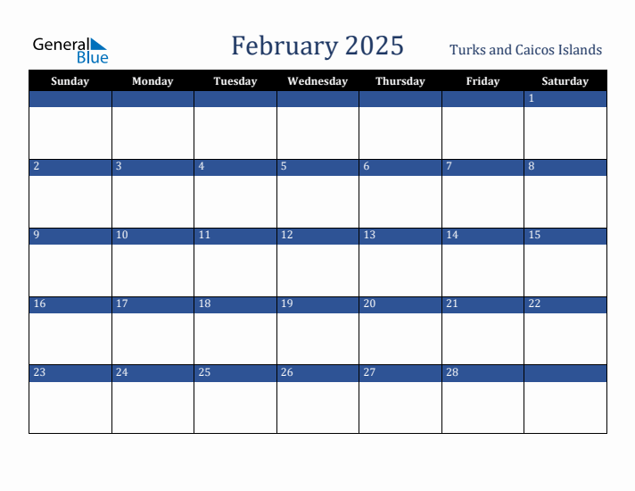 February 2025 Turks and Caicos Islands Calendar (Sunday Start)
