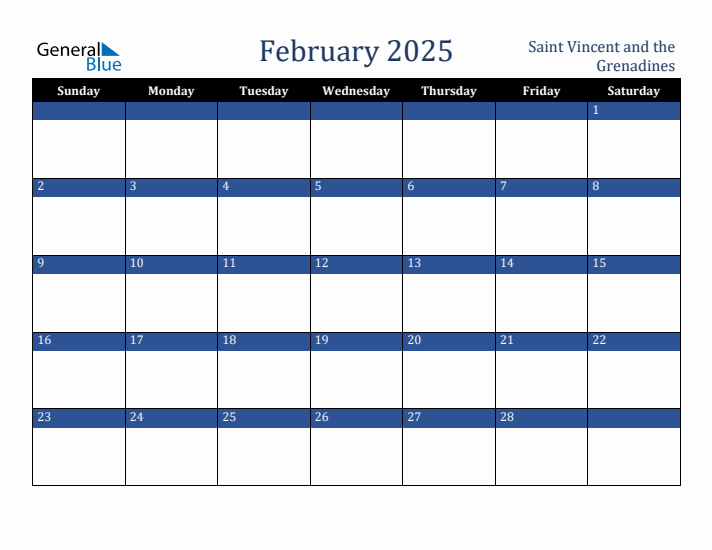 February 2025 Saint Vincent and the Grenadines Calendar (Sunday Start)