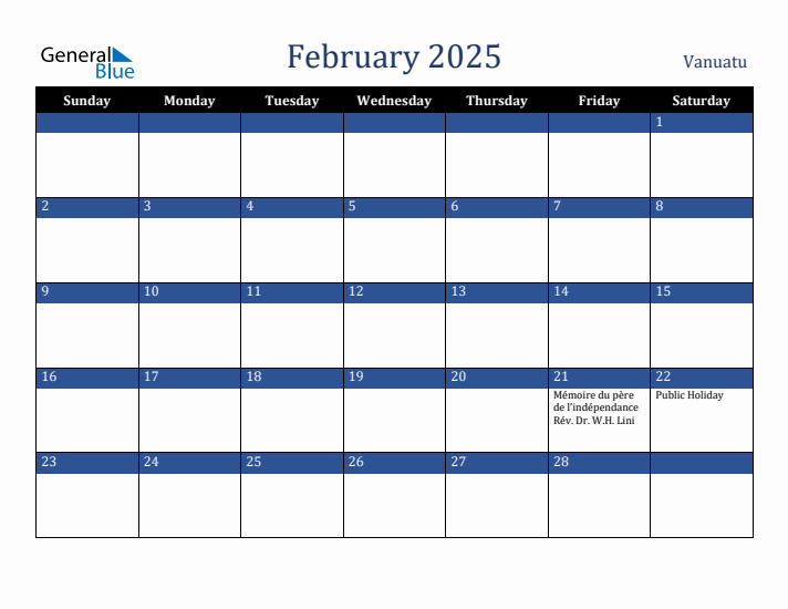 February 2025 Vanuatu Calendar (Sunday Start)