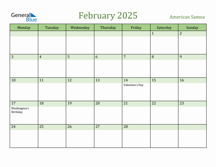 February 2025 Calendar with American Samoa Holidays