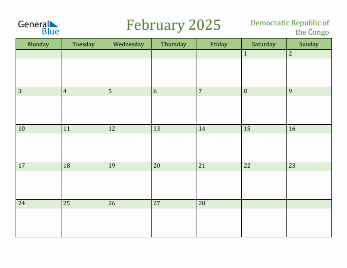 February 2025 Calendar with Democratic Republic of the Congo Holidays