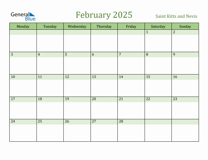 February 2025 Calendar with Saint Kitts and Nevis Holidays