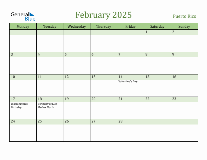 February 2025 Calendar with Puerto Rico Holidays