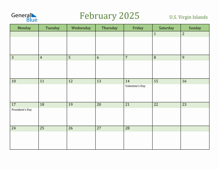 February 2025 Calendar with U.S. Virgin Islands Holidays