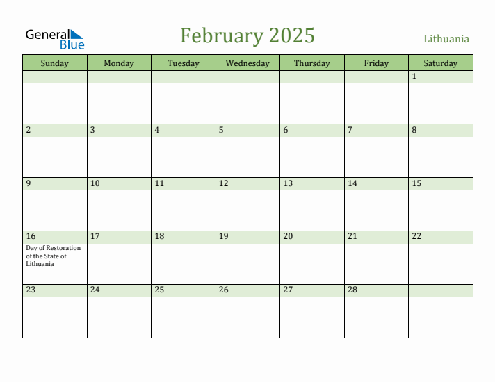 February 2025 Calendar with Lithuania Holidays