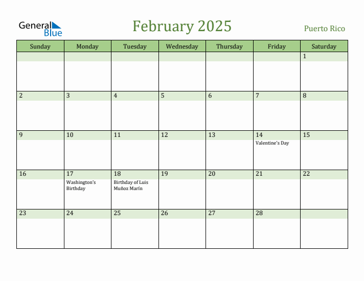 February 2025 Calendar with Puerto Rico Holidays