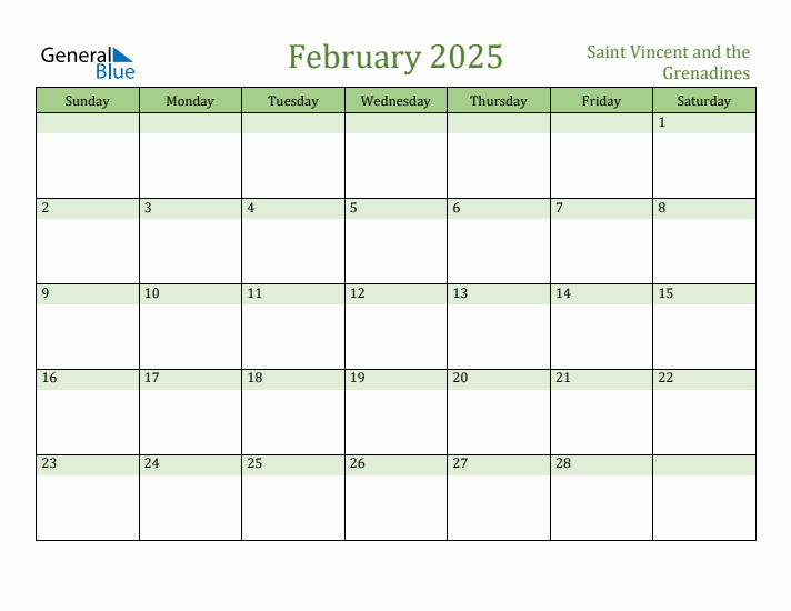 February 2025 Calendar with Saint Vincent and the Grenadines Holidays