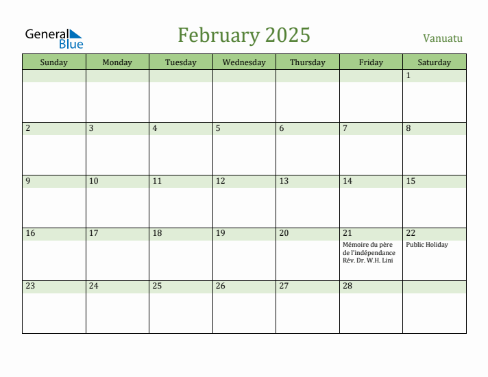 February 2025 Calendar with Vanuatu Holidays
