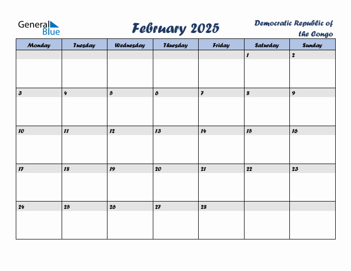 February 2025 Calendar with Holidays in Democratic Republic of the Congo
