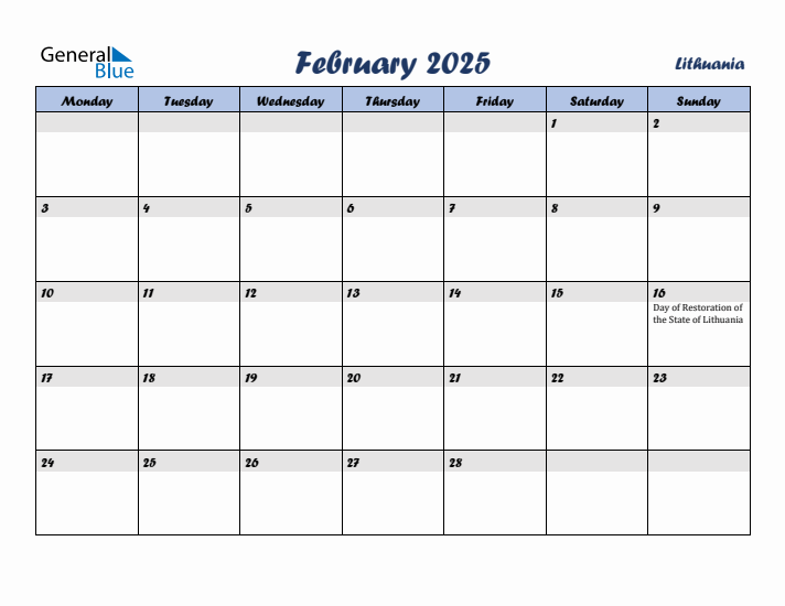 February 2025 Calendar with Holidays in Lithuania