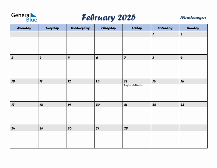 February 2025 Calendar with Holidays in Montenegro