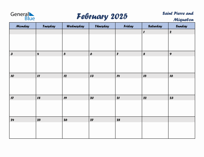 February 2025 Calendar with Holidays in Saint Pierre and Miquelon