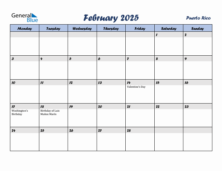 February 2025 Calendar with Holidays in Puerto Rico