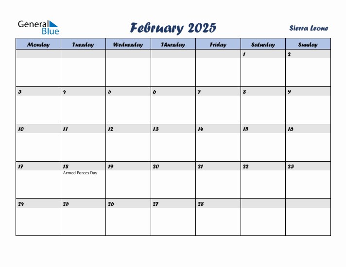 February 2025 Calendar with Holidays in Sierra Leone