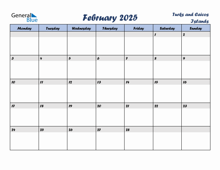 February 2025 Calendar with Holidays in Turks and Caicos Islands