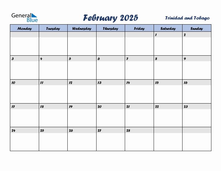 February 2025 Calendar with Holidays in Trinidad and Tobago