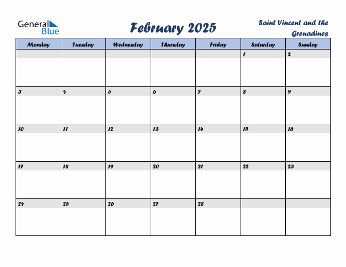 February 2025 Calendar with Holidays in Saint Vincent and the Grenadines
