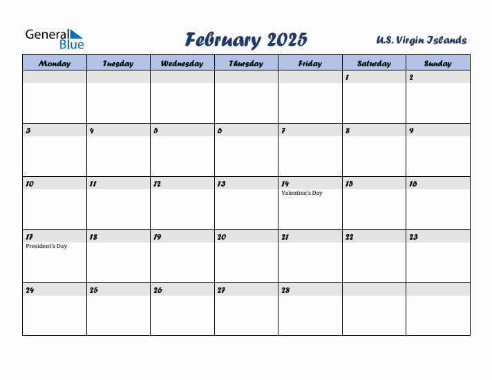 February 2025 Calendar with Holidays in U.S. Virgin Islands