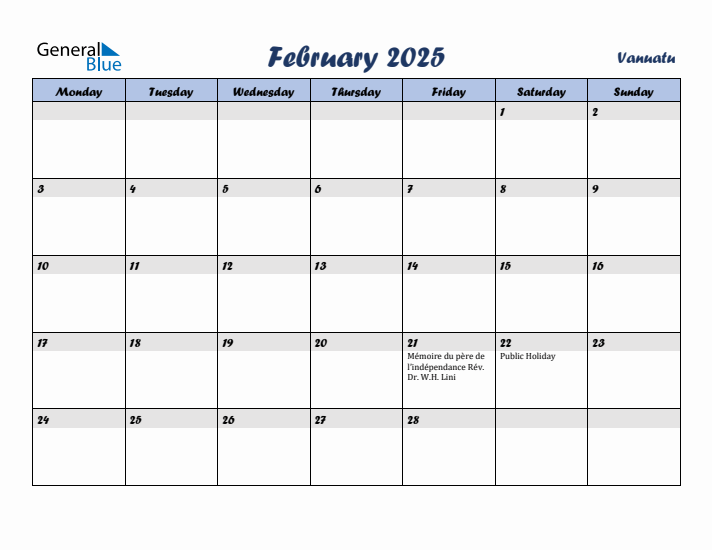 February 2025 Calendar with Holidays in Vanuatu