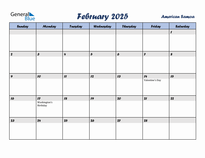 February 2025 Calendar with Holidays in American Samoa