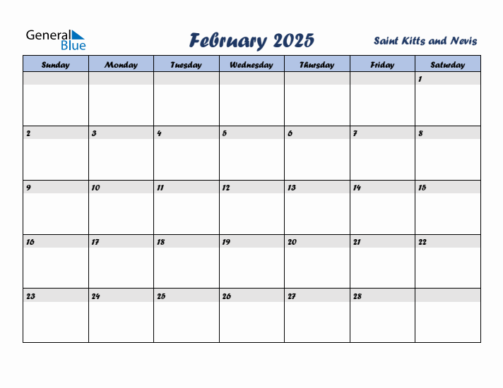 February 2025 Calendar with Holidays in Saint Kitts and Nevis