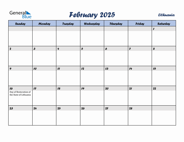 February 2025 Calendar with Holidays in Lithuania
