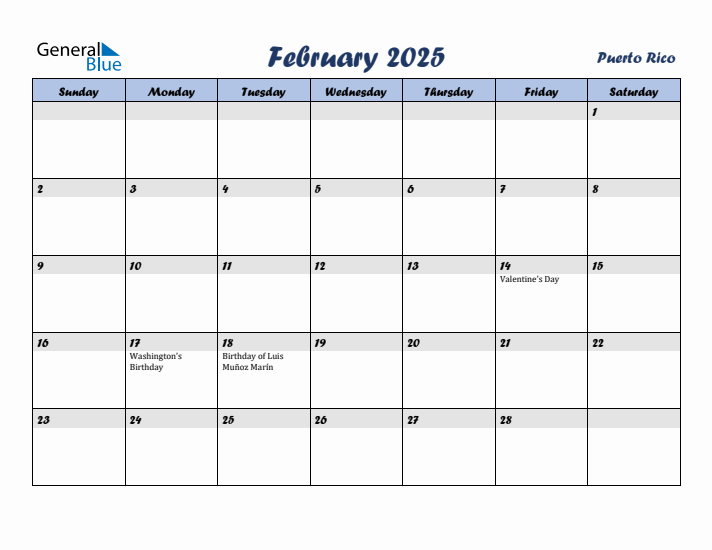 February 2025 Calendar with Holidays in Puerto Rico