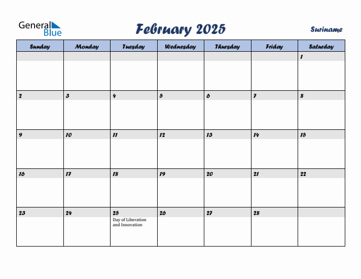 February 2025 Calendar with Holidays in Suriname