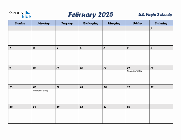 February 2025 Calendar with Holidays in U.S. Virgin Islands