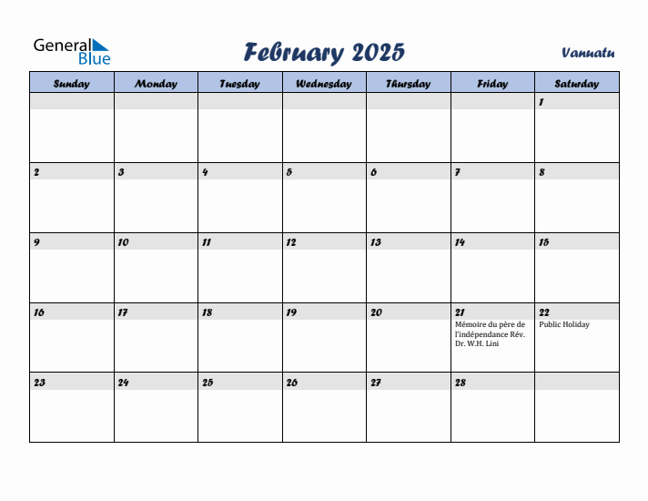 February 2025 Calendar with Holidays in Vanuatu