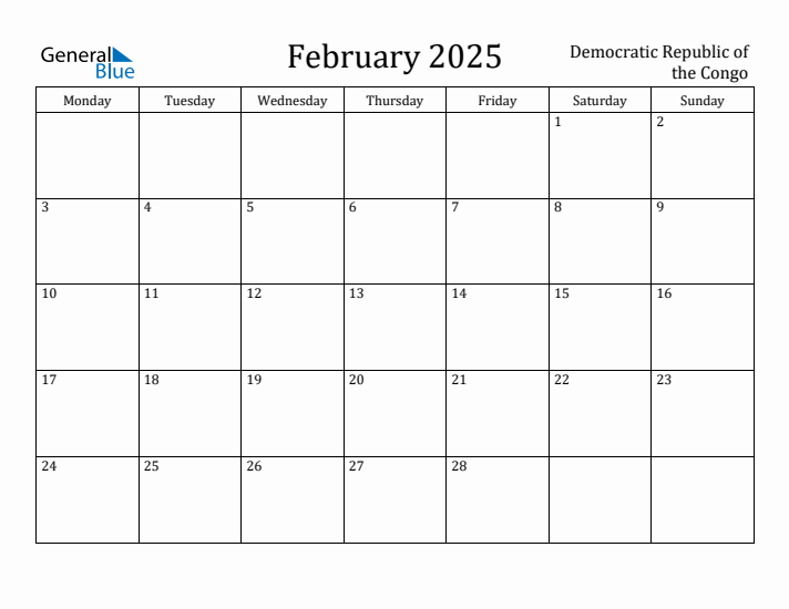 February 2025 Calendar Democratic Republic of the Congo