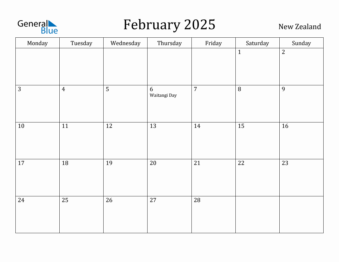 February 2025 Monthly Calendar with New Zealand Holidays