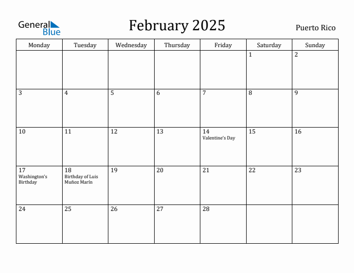 February 2025 Calendar Puerto Rico