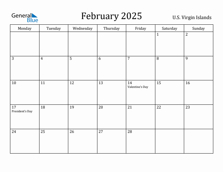 February 2025 Calendar U.S. Virgin Islands