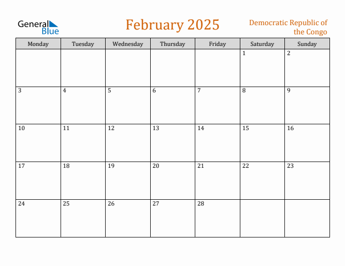 February 2025 Holiday Calendar with Monday Start