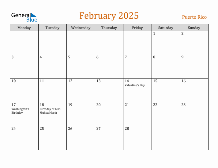 February 2025 Holiday Calendar with Monday Start