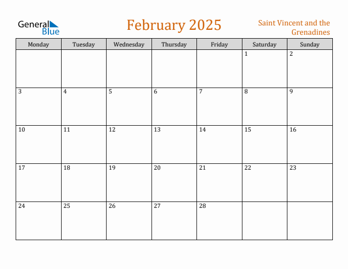 February 2025 Holiday Calendar with Monday Start