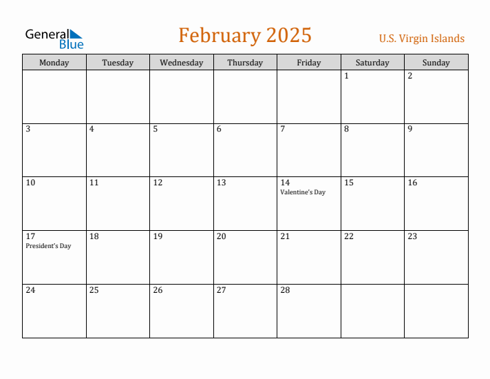 February 2025 Holiday Calendar with Monday Start