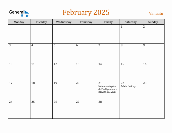 February 2025 Holiday Calendar with Monday Start