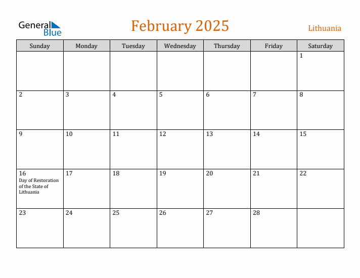 February 2025 Holiday Calendar with Sunday Start