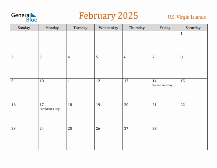 February 2025 Holiday Calendar with Sunday Start